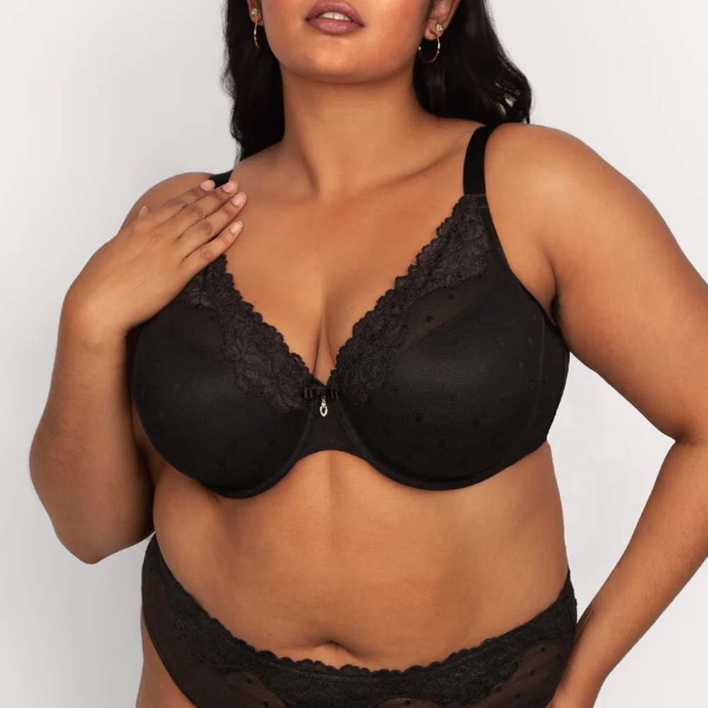 Curvy Couture Sheer Whisper Plunge T-Shirt Bra, NWT, 40H, Black Onyx Polka Dot
